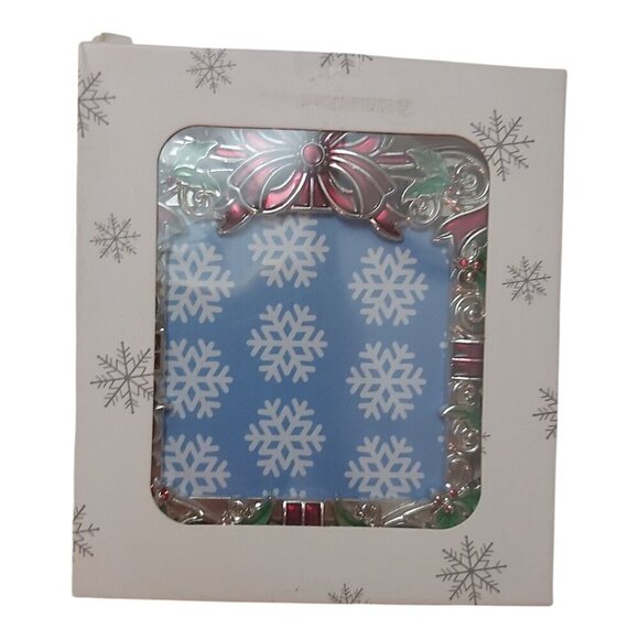 Square Christmas Tree Ornament with Painted Red Ribbon Frame & Bow–Photo Insert - Picture 1 of 3